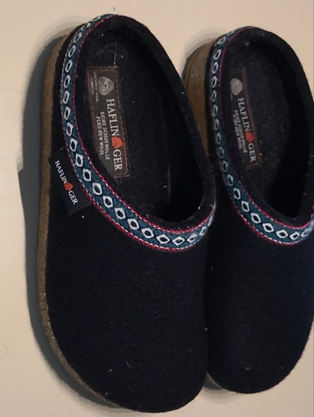 Haflinger Black Wool Slip-On Clogs with Blue Trim